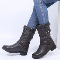 Women Buckle Mid-Calf Boots Female Low Square Heel Zipper Half Boots Woman Fall Winter Pu Flat Shoes Black Gray Size 43