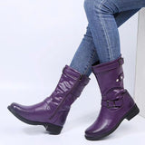 Women Buckle Mid-Calf Boots Female Low Square Heel Zipper Half Boots Woman Fall Winter Pu Flat Shoes Black Gray Size 43