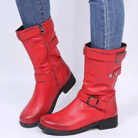 Women Buckle Mid-Calf Boots Female Low Square Heel Zipper Half Boots Woman Fall Winter Pu Flat Shoes Black Gray Size 43