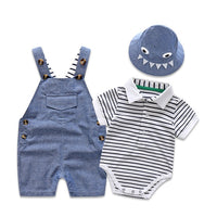 Newborn Baby Clothing for Boys Summer Suit Set Cotton Hat + Striped Romper + Blue Overall 3PCS Casual Children Outfit