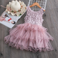 Summer Toddler Girls Lace Cake Dress Kids Sleeveless Floral Mesh Wedding Dresses Children Clothing For Baby Girls 3 to 8 Years