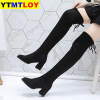 Sexy Slim Fit Elastic Flock Over The Knee Boots Women shoes Autumn Winter ladies high heel Long Thigh Size 35-40