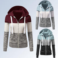 Patchwork Hoodies Women Hooded Polyester Zipper Pocket Coat Casual Drawstring Sweatshirts Female Sports Outwear