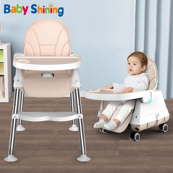 Baby Shining Highchair Dining Chair Feeding Chair Booster Seat With Wheel Feeding Seat Foldable Portable Soft PU Height-adjust