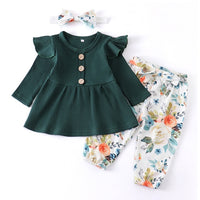 Newborn Baby Girl Clothes Set Solid Knitting Long Sleeve Tops Floral Print Pants Headband 3Pcs Outfits Casual Infant Clothing