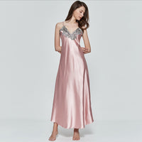 Women V-neck Satin Silk Red Sexy Sling V-neck Lace Pajama Night Dress Nightgown Sleepwear Long Dress