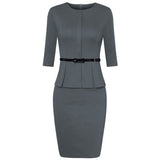 Spring Vintage Elegant Work Wear with Belt Peplum vestidos Business Party Bodycon Office Career Dress for Women