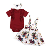 Summer Baby Girl Clothes Set Short Sleeve Romper Floral Dress Overalls 3Pcs Outfit for Toddler Newborn Infant Clothing