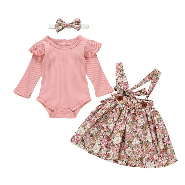 Summer Baby Girl Clothes Set Short Sleeve Romper Floral Dress Overalls 3Pcs Outfit for Toddler Newborn Infant Clothing