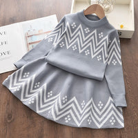 Girls Dress Winter Geometric Pattern Dress Long Sleeve Girls Clothes Top Coat+ Tutu Dress Sweater Knitwear 2pcs