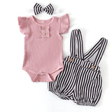 Summer Baby Girl Clothes Set Fashion Solid Romper Tops Flower Shorts Overalls Headband for Newborn Infant Clothing Outfit
