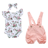 Summer Baby Girl Clothes Set Fashion Solid Romper Tops Flower Shorts Overalls Headband for Newborn Infant Clothing Outfit