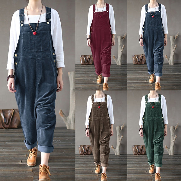 Kaftan Corduroy Overalls Womens Jumpsuits 2021 Autumn Harem Pants Casual Long Pantalon Palazzo Female Button Rompers Playsuit