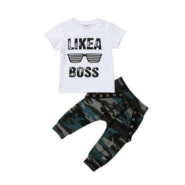 Newborn Baby Boys Clothes Toddler Kids Short Sleeve Letter T-shirt Camo Pants 2Pcs Outfits Set Baby's Clothing