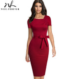 Summer Women Elegant Solid Color Vintage Office Dresses Business Fitted Bodycon Dress B617