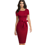 Summer Women Elegant Solid Color Vintage Office Dresses Business Fitted Bodycon Dress B617