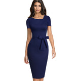 Summer Women Elegant Solid Color Vintage Office Dresses Business Fitted Bodycon Dress B617