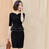 Women Autumn Elegant Frill Peplum 3/4 Sleeve Tunic Vintage Wear To Work Business Party Stretch Bodycon Sheath Dress DD1993