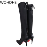 Winter Over The Knee Women Boots Stretch High Heel Slip on Shoes Pointed Toe Woman Long Boots Faux Suede Thigh High Booties