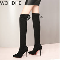 Winter Over The Knee Women Boots Stretch High Heel Slip on Shoes Pointed Toe Woman Long Boots Faux Suede Thigh High Booties