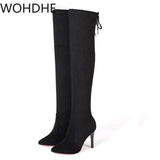 Winter Over The Knee Women Boots Stretch High Heel Slip on Shoes Pointed Toe Woman Long Boots Faux Suede Thigh High Booties