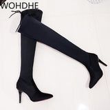 Winter Over The Knee Women Boots Stretch High Heel Slip on Shoes Pointed Toe Woman Long Boots Faux Suede Thigh High Booties