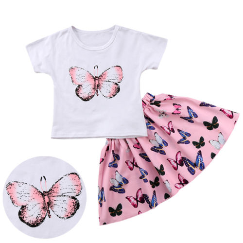 New Kids Baby Girls Short Sleeve T-shirt 2 Pieces Set Butterfly Dress Sundress Toddler Outfits