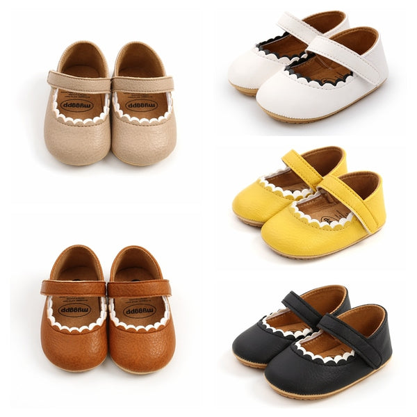 Soft Leather Baby Moccasins Shoes Newborn Rubber Sole First Walkers Floral Border Toddler Shoes Infant Girls Anti-slip Prewalker