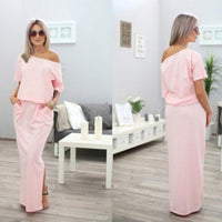 Women Boho Maxi Dress Sexy Summer Short Sleeve Side Slit Loose Evening Party Long Beach Dress with Pocket Vestidos