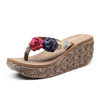 7 CM High Heel Women Wedge Non-Slip Outdoor Slipper Summer Beach Shoes Female Floral Flip-Flop Bohemian String Bead Lady Sandals