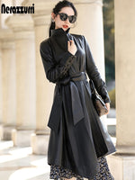 Nerazzurri Asymmetrical leather trench coat for women 2021 long sleeve belt Fall long faux leather coats women Plus size fashion