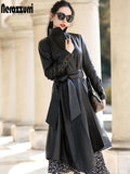 Nerazzurri Asymmetrical leather trench coat for women 2021 long sleeve belt Fall long faux leather coats women Plus size fashion