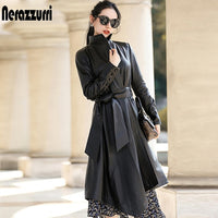 Nerazzurri Asymmetrical leather trench coat for women 2021 long sleeve belt Fall long faux leather coats women Plus size fashion