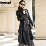 Nerazzurri Asymmetrical leather trench coat for women 2021 long sleeve belt Fall long faux leather coats women Plus size fashion