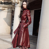 Nerazzurri Asymmetrical leather trench coat for women 2021 long sleeve belt Fall long faux leather coats women Plus size fashion