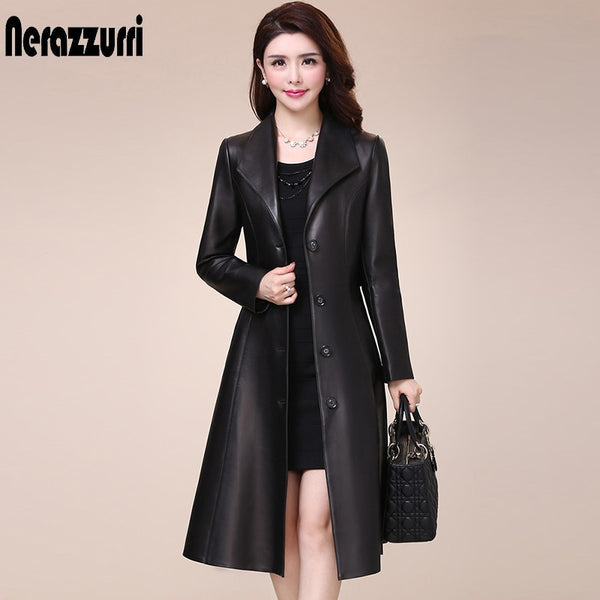 Nerazzurri Spring autumn long black faux leather coat women long sleeve buttons Plus size leather jacket women 2021 5xl 6xl 7xl