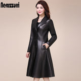Nerazzurri Spring autumn long black faux leather coat women long sleeve buttons Plus size leather jacket women 2021 5xl 6xl 7xl