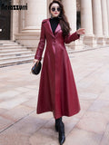 Nerazzurri Maxi fit and flare leather trench coat for women 2021 spring Long luxury designer clothing women long sleeve lapel
