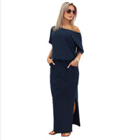 Women Boho Maxi Dress Sexy Summer Short Sleeve Side Slit Loose Evening Party Long Beach Dress with Pocket Vestidos