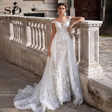 Wedding Dress Short Sleeves Appliques Mermaid Bridal Dress With Detachable Train vestidos de novia Overskirt Wedding Gowns