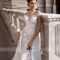 Wedding Dress Short Sleeves Appliques Mermaid Bridal Dress With Detachable Train vestidos de novia Overskirt Wedding Gowns