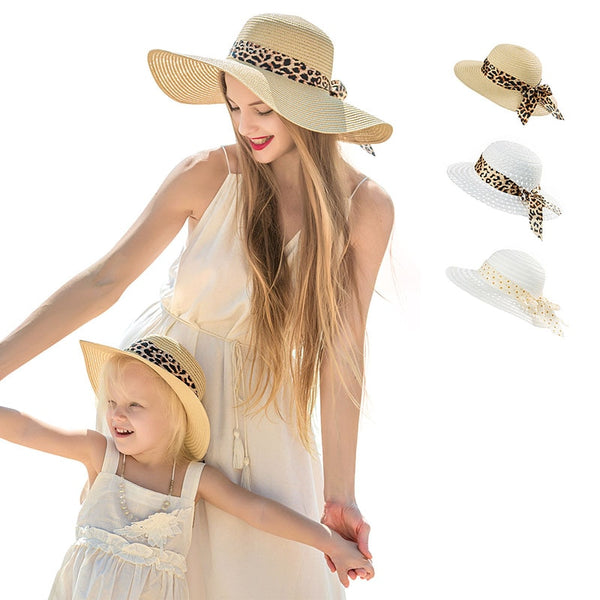 Summer Sunscreen Baby Hat Leopard Print Lace Bow Straw Hat Beach Baby Sun Hat Outing Parent Child Straw Hat