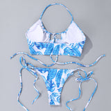New Woman's Swimsuit Halter Neck Tie Sexy Split Blue Print Swimwear Halter Bikini