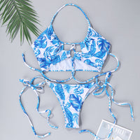 New Woman's Swimsuit Halter Neck Tie Sexy Split Blue Print Swimwear Halter Bikini