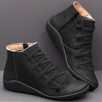 New Women's Casual Flat Leather Retro Lace-up Boots Side Zipper Round Toe Shoe Leather Ankle Boots Zapatos Mujer Wram Botas