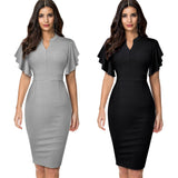 Nice-forever Vintage Solid Color Elegant Office Work vestidos Business Party Bodycon Ruffle Women Pencil Dress B572