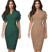 Nice-forever Vintage Solid Color Elegant Office Work vestidos Business Party Bodycon Ruffle Women Pencil Dress B572