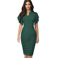 Nice-forever Vintage Solid Color Elegant Office Work vestidos Business Party Bodycon Ruffle Women Pencil Dress B572