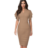 Nice-forever Vintage Solid Color Elegant Office Work vestidos Business Party Bodycon Ruffle Women Pencil Dress B572