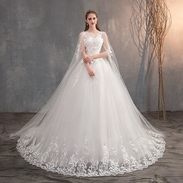 Wedding Dress With Long Cap Lace Wedding Gown With Long Train Embroidery Princess Plus Size Bridal Dress